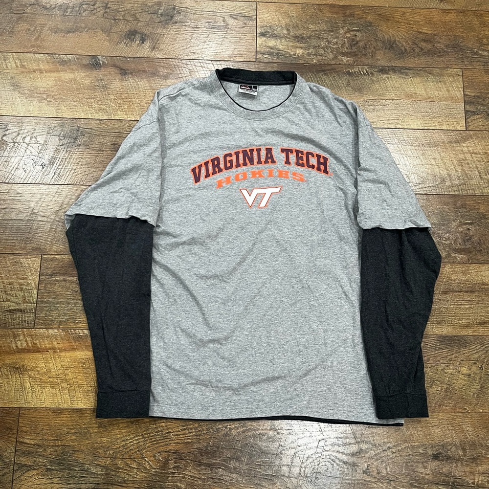 Vintage 90s Virginia Tech Hokies Layered Long Sleeve Graphic Tee Shirt Grey‎ XXL